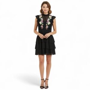 A.Moss Johnny Was Inspired Black Ruffled Tiered Mini Dress Mock Neck